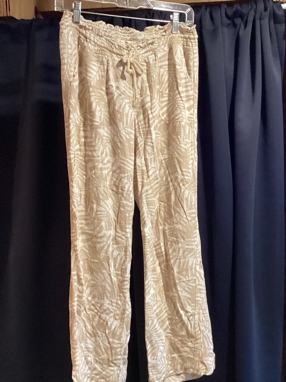 Neutral Leaf-Print Wide Leg linen blend Drawstring Pants
